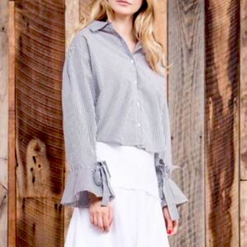 J.O.A Striped Bow Sleeve Button Down